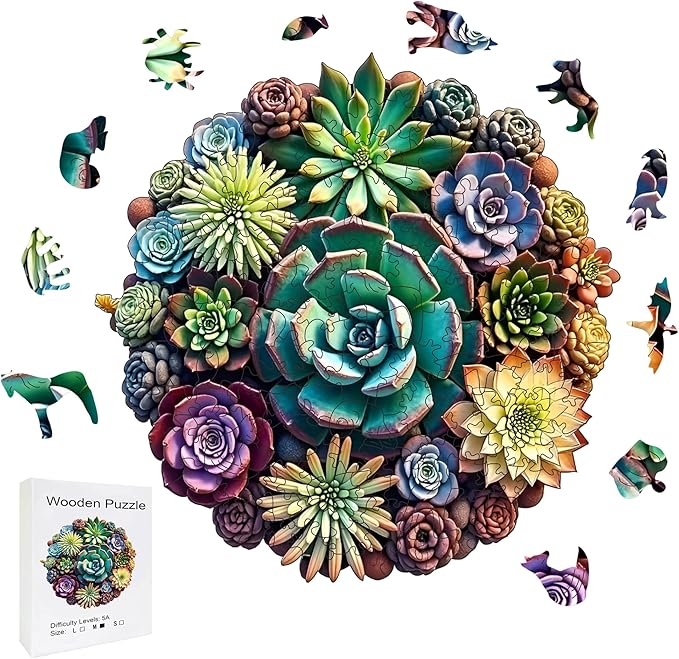 Wooden Puzzles, 151 Pieces Succulent Plants Jigsaw Puzzles, Unique Shaped Wooden Puzzle for Adults and Kids, Family Game(Succulent Plants, Large)