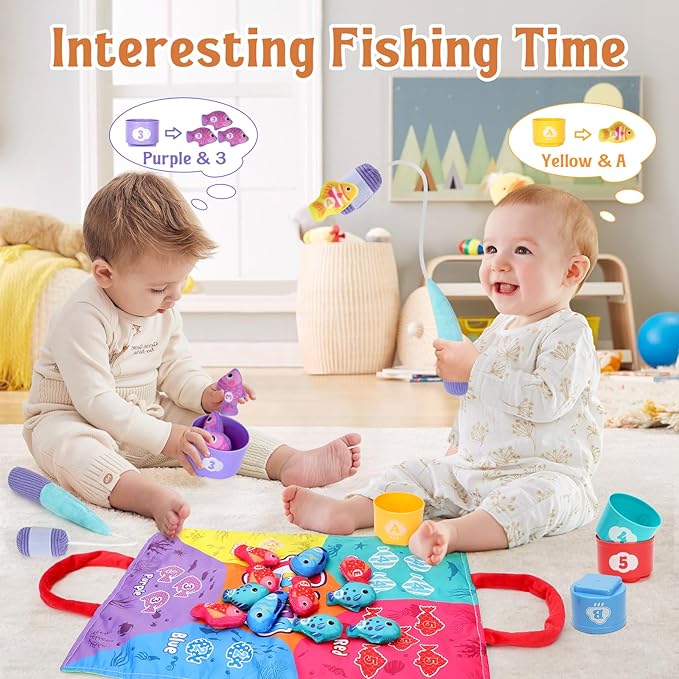 PEBIRA Montessori Toddler Toys for 1 2 Year Old Boy Girl, 23 pcs Cloth Fishing Game, 2 Poles, Stacking Cups, Learning Toys for Number/Color Sorting, Birthday Easter Gift for Age 6-12 18 Month Baby Toy