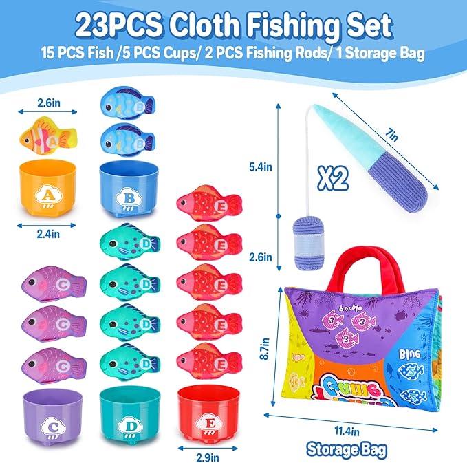 PEBIRA Montessori Toddler Toys for 1 2 Year Old Boy Girl, 23 pcs Cloth Fishing Game, 2 Poles, Stacking Cups, Learning Toys for Number/Color Sorting, Birthday Easter Gift for Age 6-12 18 Month Baby Toy