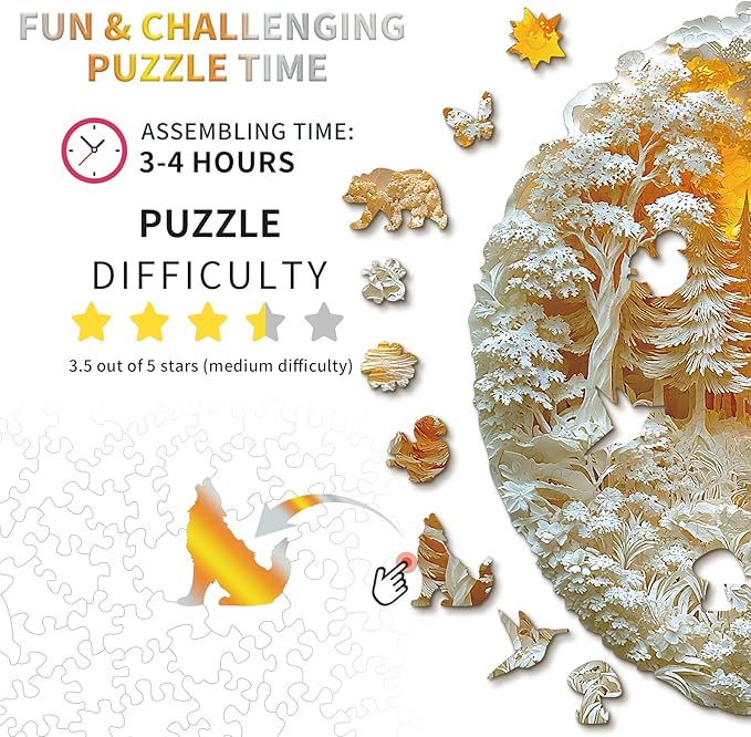 KAAYEE Wooden Puzzles for Adults, Mysterious Forest Wooden Jigsaw Puzzle Unique Shape Wood Puzzle Adult, 3D Visual Effect Flat Puzzle Birthday Family Games (M-11.2 * 11.2 in-187pcs)