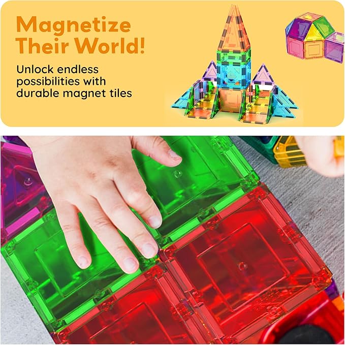 PicassoTiles Magnetic Tiles 152pcs Mirror Theme Magnet Tile Building Blocks STEM Sensory Toys with Car for Kids Toddlers Boys Girls Age 3+ Educational Learning Construction Play Set PT152