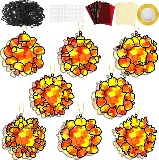 32 Sets Fall Thanksgiving Wreath Suncatchers Craft Kit DIY Window Stained Glass Effect autumn Wreath Paper Crafts Home School Classroom Decoration Kid Birthday Gift Creative Art Project Activity Game