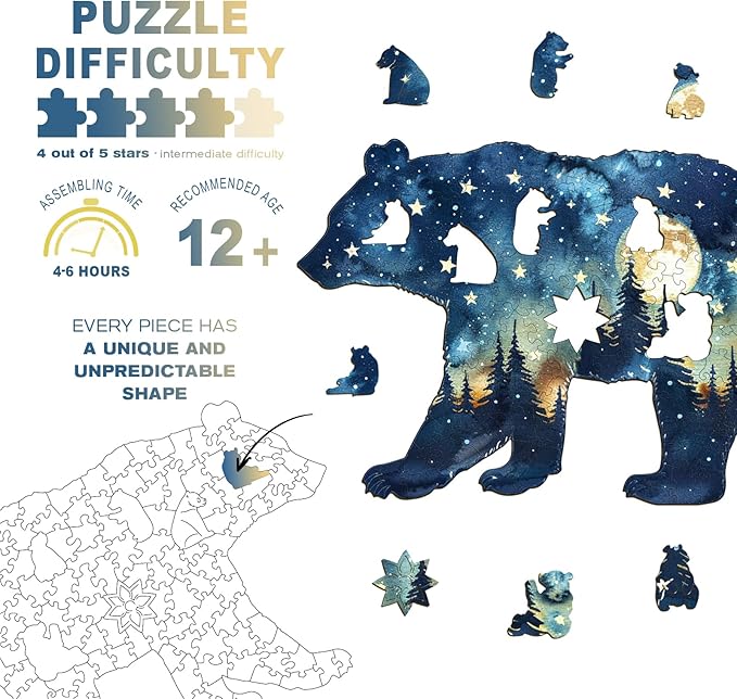 Wooden Puzzles for Adults - Astral Bear Wooden Jigsaw Puzzle - Unique Animal Shaped Wood Puzzles Adult - Christmas Birthday Gifts for Adults/Friends/Family - 200 Pcs 14.3 * 9.5in