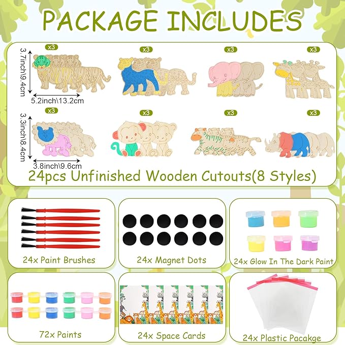 LARDUX Safari Party Favors, 24PCS DIY Wooden Painting Crafts - 8 Styles Animal Shape Unfinished Woodchips Cutouts Craft Kits with Glow in The Dark Paint DIY Party Favors Birthday Party Decorations