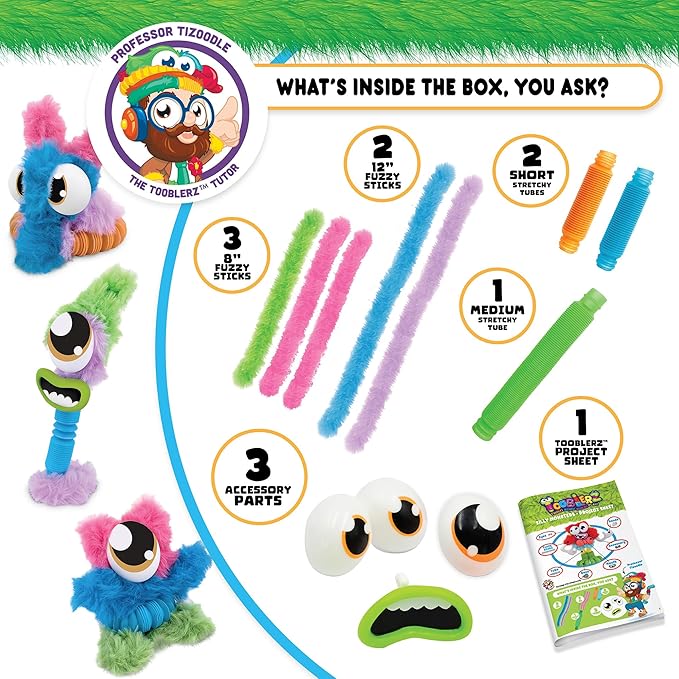 WeVeel TOOBLERZ Silly Monsterz Medium Set – 12-Piece Mix-and-Match Craft Kit for Kids – Includes Fuzzy Chenille Sticks, Fidget Tubes & Character Accessories – Creative Toy for Ages 6+