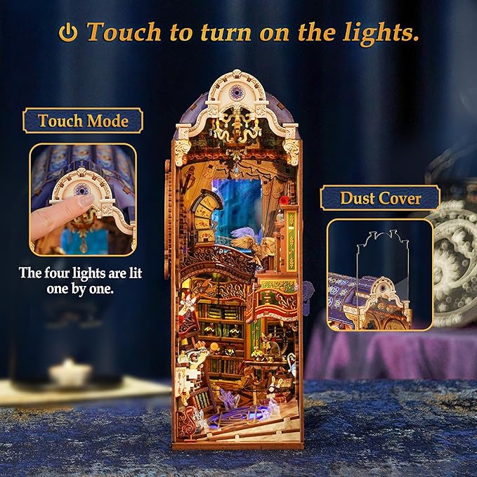 Tonecheer DIY Book Nook Kit for Adults, 3D Wooden Puzzle Bookend Miniature House Kit, Booknook Bookshelf Insert Decor with Dust Cover and LED Lights Gifts (Magical Library)