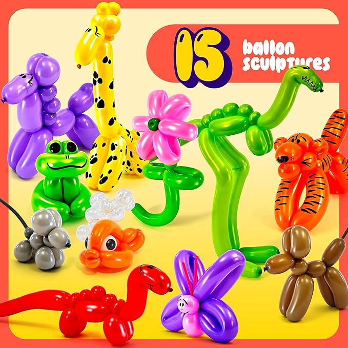 Dan&Darci Balloon Animal Twisting Kit with Pump for Kids - Boy & Girl Gift - Birthday Gifts for Girls and Boys - Arts and Crafts for Kid Ages 8-12 - 6 7 8 9 10 11 12 Year Old - Animals Balloons