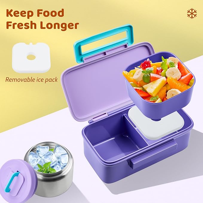 Lunch Box for Kids With 8oz Soup Thermo, Leak-proof Lunch Container with 2 Compartments, Thermo Food Jar Food Containers for Back to School Girls Boys (Purple)