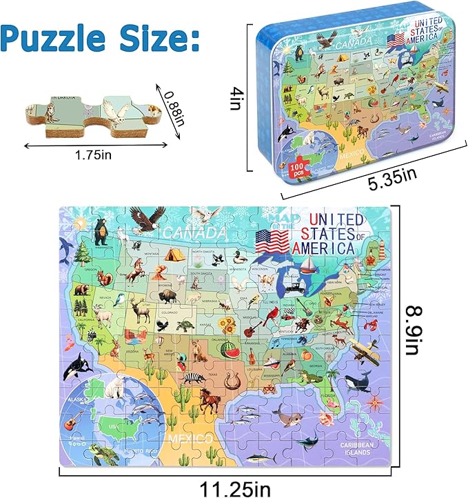 LELEMON Puzzles for Kids Ages 4-6,USA Map 100 Piece Puzzles for Kids Ages 4-8 in a Metal Box, Educational Jigsaw Puzzles 100 Piece Puzzle Games Puzzle Toys for Girls and Boys