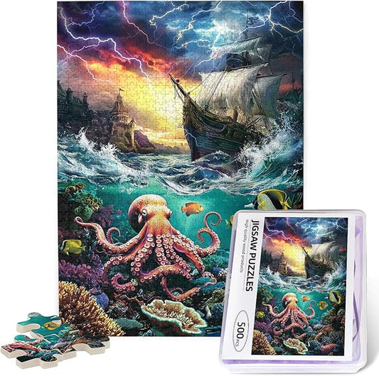 Premium 500 Piece Jigsaw Puzzle for Adults Marine Pirate Shipoctopus Puzzle Octopus Ocean Sea World Octopus Pirate Ship Treasure Large Best New Marine Artwork Puzzle Game Gift