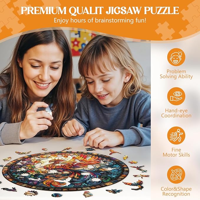 Wooden Puzzles for Adults, Stained Glass Phoenix-2 Unique Shaped Wood Puzzles Adult, Wooden Jigsaw Puzzles for Adults Kids, Creative Birthday Gifts for Friends Family Game (11.4 * 11.4in 200pcs)