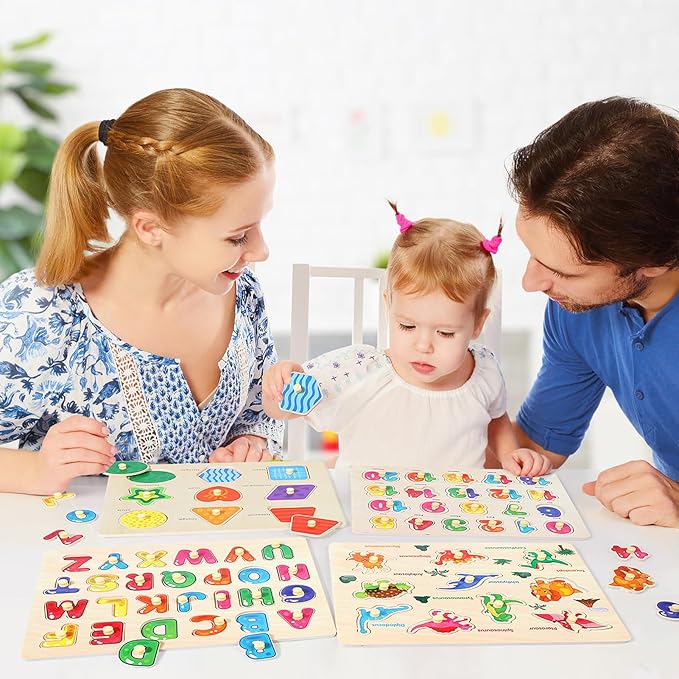 Montessori Wooden Peg Puzzles for Toddlers 3 4 5 Year Old, 4 Pcs Kids Educational Toys Preschool Learning Activities-Alphabet, Shape, Number and Dinosaur, Baby Puzzle Gifts for Boys Girls