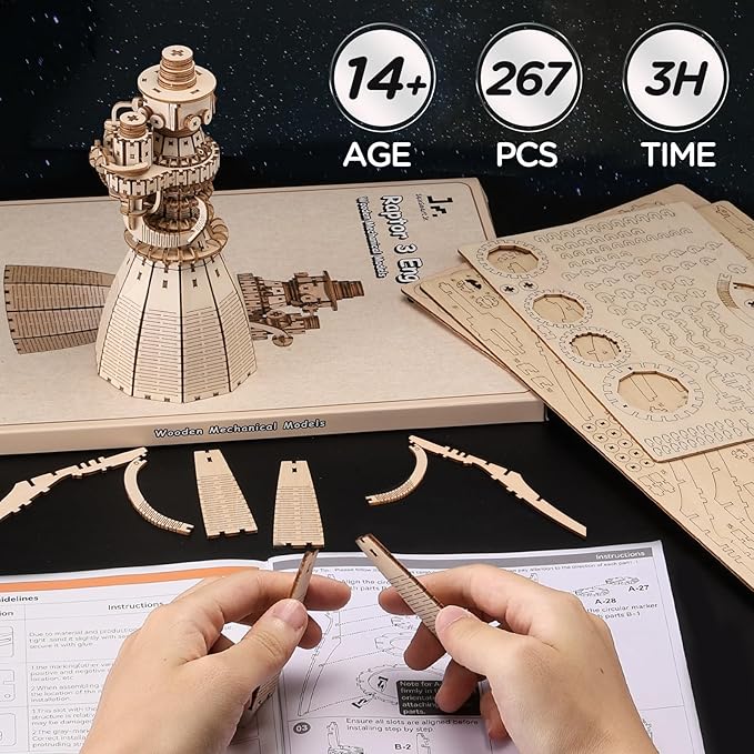SainSmart Jr. SpaceX Starship Raptor 3 Engine 3D Wooden Puzzles for Adults - Challenging DIY Rocket Engine Model Kit, STEM Educational Toy, Unique Office Desk Decor & Gift for Space Lovers