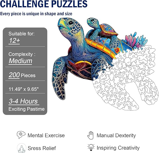 Wooden Jigsaw Puzzles for Adults Teens Kids, Parent and Child Sea Turtle Wood Puzzle, 200 Pieces Unique Animal Shaped Puzzle, Fun Challenging Family Games, 11.49" x 9.65", Gift Box Included