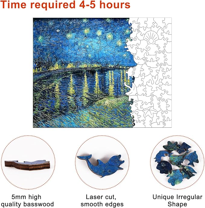Wooden Jigsaw Puzzles, Wooden Puzzles for Adults, Starry Night Over The Rhone Unique Shape Wood Puzzles, 200 Pcs, Vincent Van Gogh Star Wall Art Decoration for Home
