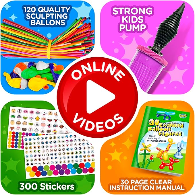 Learn & Climb DIY Balloon Animal Kit for Beginners. Fun Twisting & Modeling Activity for Party. Makes 30+ Sculptures, Pump and Manual Included. Gift for, Teens Boys and Girls. 120 Pieces.