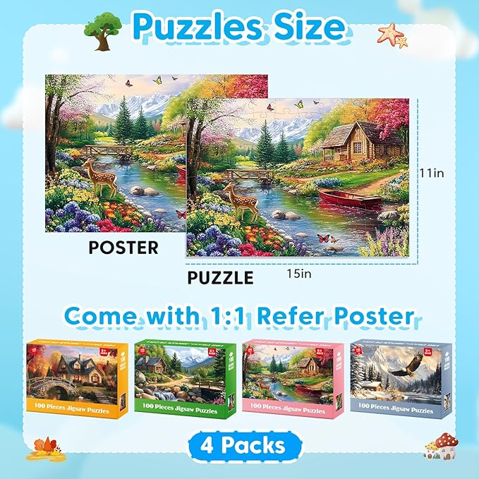 4-Pack 100 Piece Puzzles for Seniors Country Life Large Piece Puzzles for Seniors Puzzle Dementia Alzheimer's Products Activities for Elderly Adults Kids Puzzle for Kids Ages 6-8 8-10