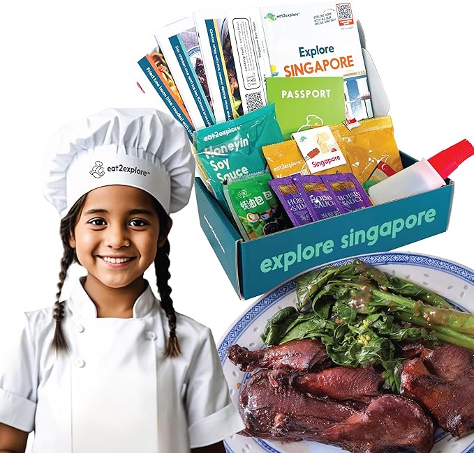 eat2explore Cooking Kits for Kids - Interactive & Educational Set with 3 Recipe Cards, Key Ingredients & Cooking Tools - Ideal Idea for Kids who Love to Create Meals (Singapore Edition)