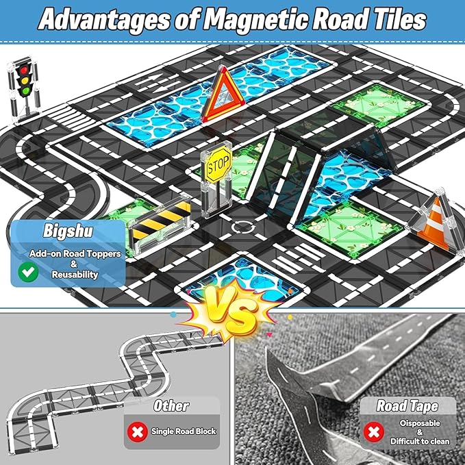 Magnetic Tiles Roads Construction Toys, Traffic Themed Building Blocks Set, Toddler Kids Toys for 3+ Year Old Boys Girls, Montessori STEM Sensory Games, Preschool Learning Educational Birthday Gifts