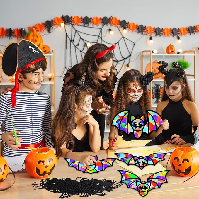 QOUBAI 32 Sets Halloween Bats Suncatchers Craft Kit DIY Window Stained Glass Effect Halloween Bats Paper Crafts Home School Classroom Decoration Kid Birthday Gift Creative Art Project Activity Game