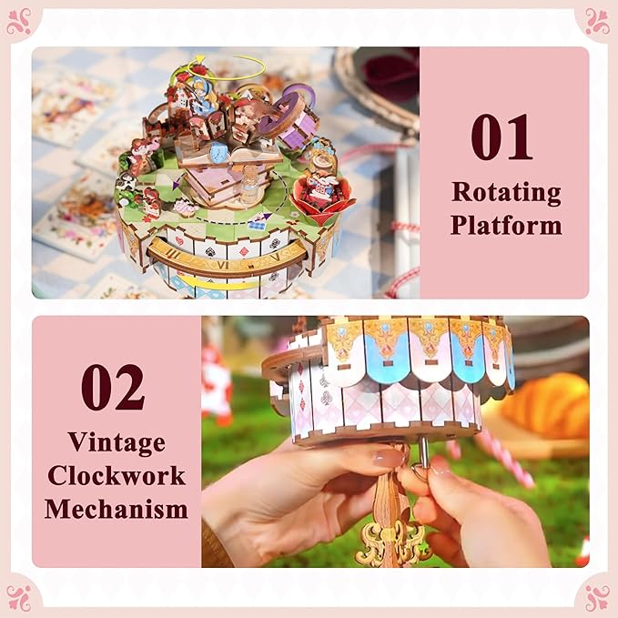 Tonecheer x British Library Wooden Music Box Puzzle for Adults, DIY Rotating Music Box Kit 3D Creative Musical Puzzle Crafts Model Building Kits Desk Decor for Birthday Gift (Alice's Tea Party)