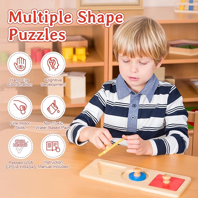 Montessori Wooden Color Shape Sorting Puzzle for Kids, Multiple Geometric Peg Puzzles with Jumbo Knob for 18+ Months Baby, Preschool Shape Sorter Montessori Learning Toys (3 Pieces)