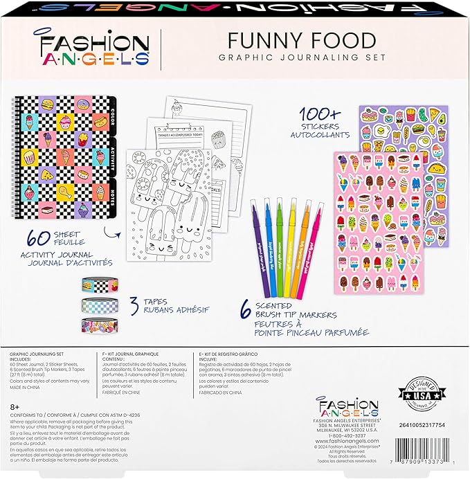 Fashion Angels Funny & Cute Food Graphic Journaling Stationery Set, Includes 1 Tabbed Sketchbook, 2 Sticker Sheets, 6 Scented Markers & 3 Rolls of Tape