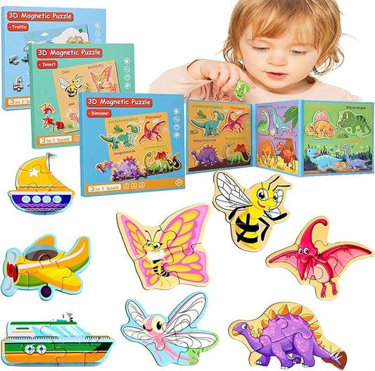 3 Pack Magnetic Puzzles for Kids Ages 3-5, Magnetic Board for Toddlers, Refrigerator Magnets,Toddler Travel Activities for 2-4 Year Old Boys and Girls (Insect + Dinosaur + Transportation)