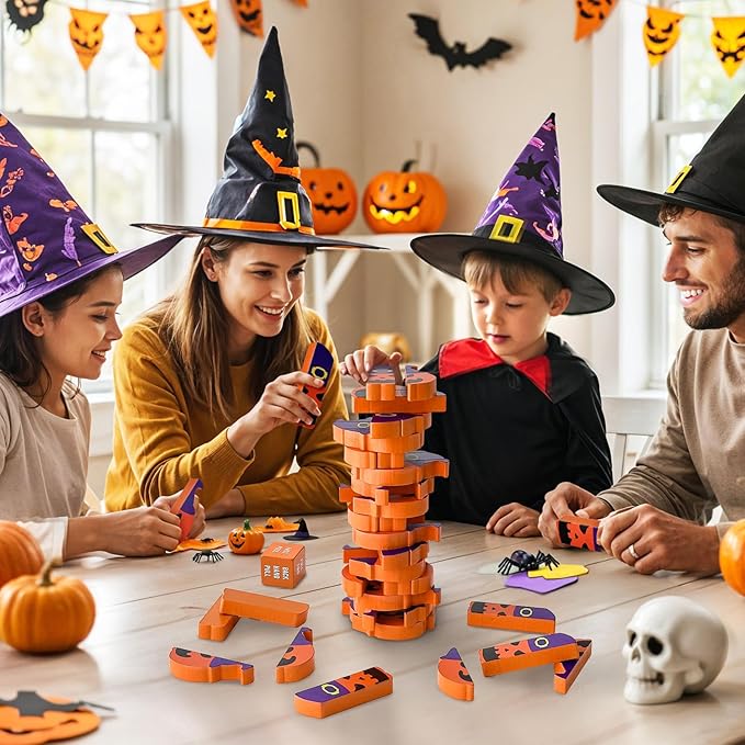 AerWo Wooden Blocks Stacking Games, Tumbling Tower and Balance Halloween Games for Kids, for Kids and Adults Ages 6+, Pumpkin Toys Wood Blocks Twister Game for Family