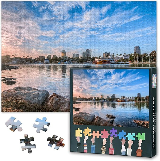 Puzzles for Adults 1000 Pieces - Jigsaw Puzzles Long Beach Harbor Skyline Art, 27.5x19.7 Inch Cityscape Hard Impossible Challenging Puzzle Family Game for Men & Women (Home Decor Gift)