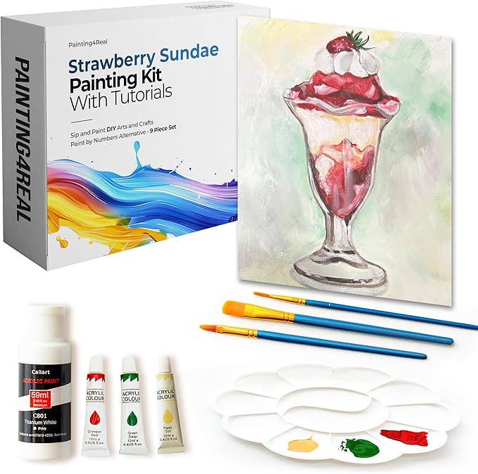 Painting4Real DIY Painting Class Kit for Adults with Video Tutorials: Learn to Paint Strawberry Sundae – How to Paint with Acrylics – Painting & Art Supplies – 9 Piece Acrylic Paint Set
