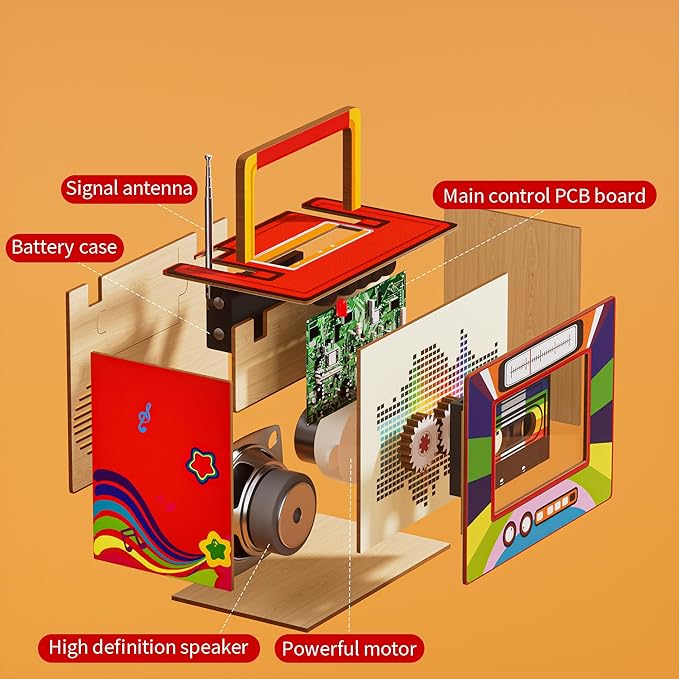 3D Puzzle Vintage Radio, DIY Assembly Model with FM Radio Function, Wood Construction, (Red)