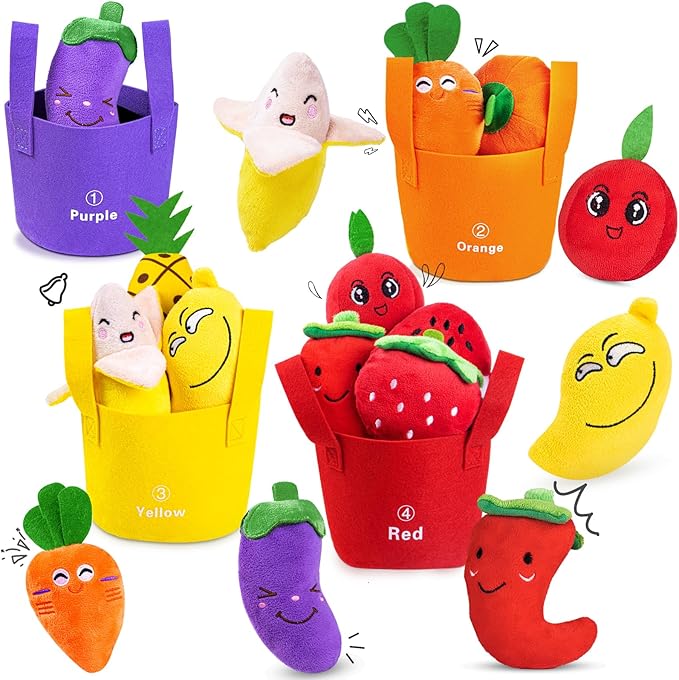 Baby Sensory Toys for 6-12 Months, Montessori Toys for 1 Year Old Boy Girl, Color Sorting & Counting, Soft Fruit Vegetable Play Food with Rattle Crinkle, Toddler Learning Toy for First Birthday Gift