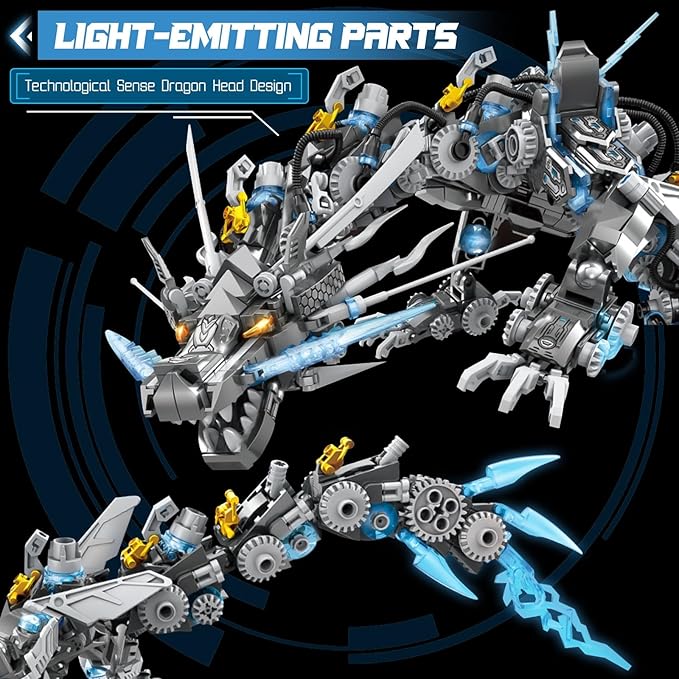 HIGH GODO Dragon Building Blocks Sets for Adults, 2 in 1 Grey Mechanical Dragon Animal Building Model Collectible Display Toys, Cool Creative Gifts for Boys Teens Fans (1390 Pcs)