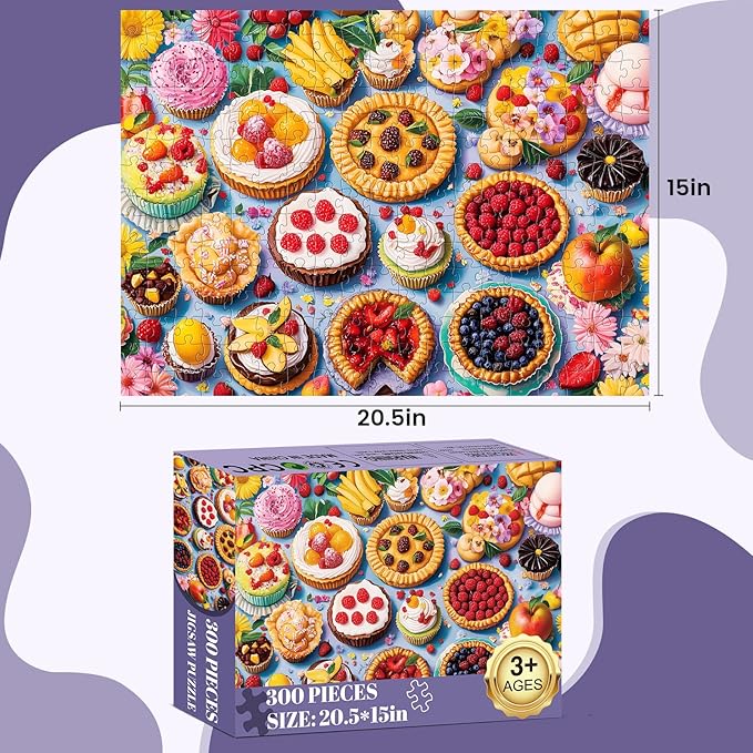 300 Piece Puzzles for Adults, Jigsaw Puzzles 300 Pieces for Adults Kids Delicious Pie Dessert Puzzle for Adults 300 Pieces Recycled Cardboard Jigsaw Puzzles Challenging Game Birthday Party Gift