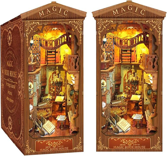 CRIOLPO Book Nook Kit - DIY Doll House Booknook, Book Nook Miniature Kit for Bookshelf Insert Decor Crafts for Adults Teen Halloween, 3D Wooden Puzzle Bookends with Sensor Led Light