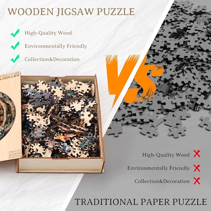 KAAYEE Wooden Puzzles for Adults, Tree House Library Wooden Jigsaw Puzzle Unique Shape Wood Puzzles Adult, 3D Effect Flat Puzzle Birthday Gifts Family Games (XL-17.3 * 17.3in-450pcs)