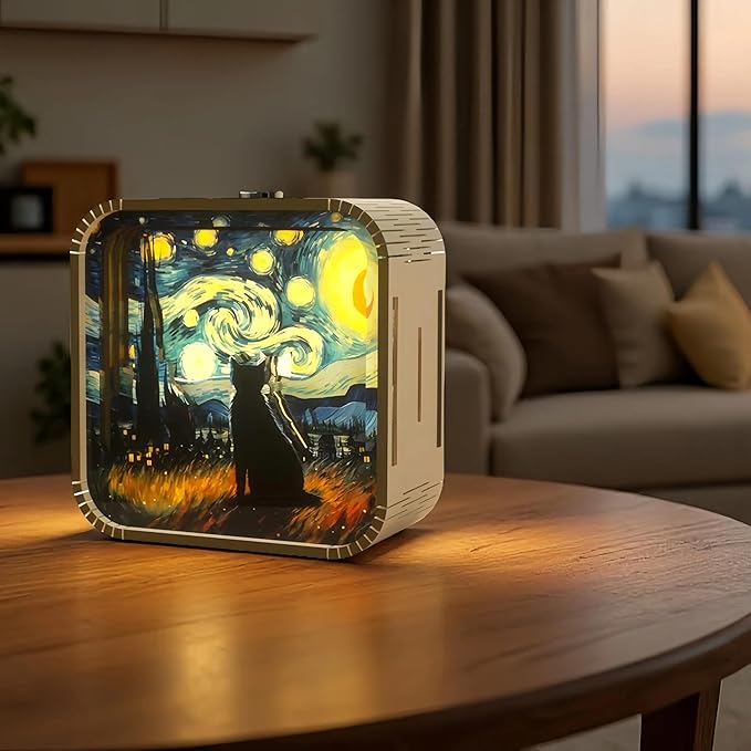 3D Wooden Puzzle Night Light,DIY Craft for Adults with Touch Night Light, Chrismas, New Year, for Teen, Desk Decor for DIY Puzzle Lovers, Men and Women (Van Gogh's Cat)