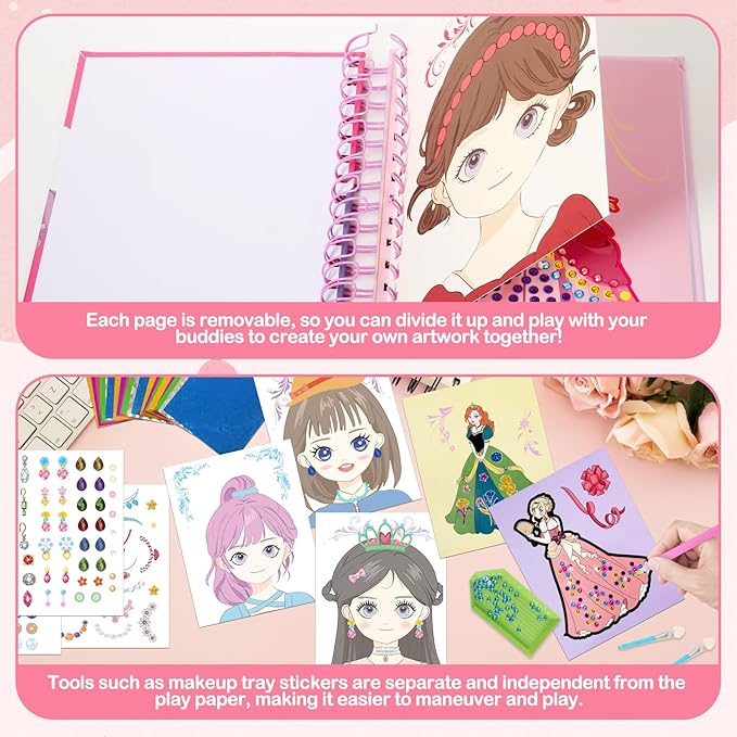 Tudaymol 4-in-1 Art & Craft Activity – DIY Dress Up Stickers, Makeup Kit, Foil & Gems Art, Creative Princess Fun, Costume Ideas & Accessories, Travel Toy, Gifts for Girls Ages 4-8-12