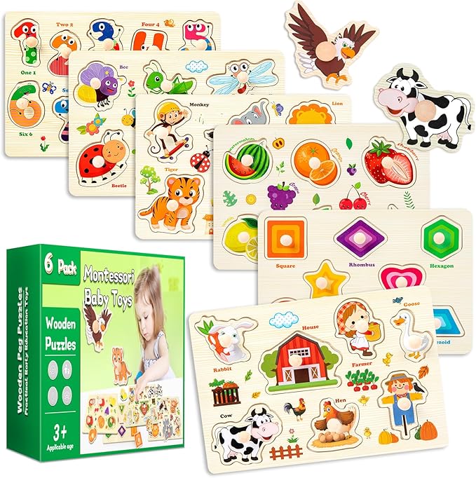Wooden Puzzles for Toddlers,6 Pack Toddler Puzzles for Boys Girls,Montessori Toys for Baby,Preschool Learning Wooden Peg Puzzles for Kids with Farm,Insects,Numbers,Shapes,Animals,Fruits
