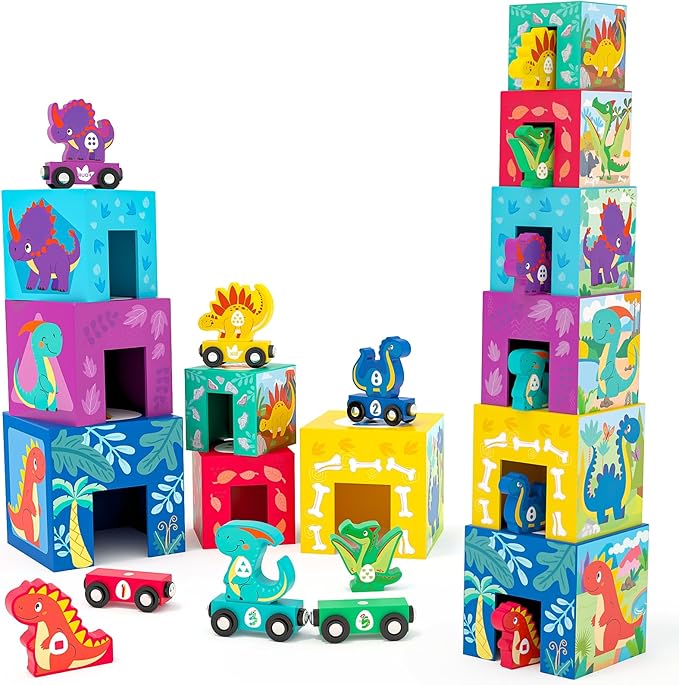 Toyssa Wooden Dinosaur Sorting and Stacking Toys for Toddler 1-3, Number Blocks Nesting Boxes with Magnetic Animals Train Set, Preschool Learning Montessori Toys for 1 2 3 Year Old Boys Girls Gift