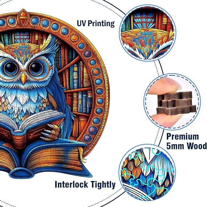 Wooden Jigsaw Puzzles for Adults, Book Owl Puzzle, 300 Pieces Unique Animal Shaped Wooden Puzzle, Fun Challenging Family Games for Kids and Teens, 15.49" x 15.29", Gift Box Included