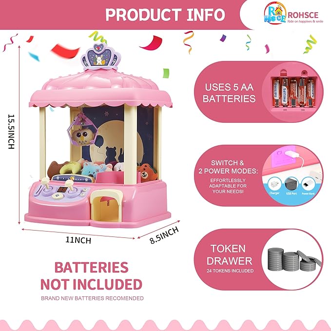 Kids Claw Machine, Girl Toys for Ages 8-13 Arcade Game Toy Claw Machine Electric Candy Vending Machine Toy with LED Lights & Adjustable Sound Birthday Gifts for 6 7 9 10 12 Years Old