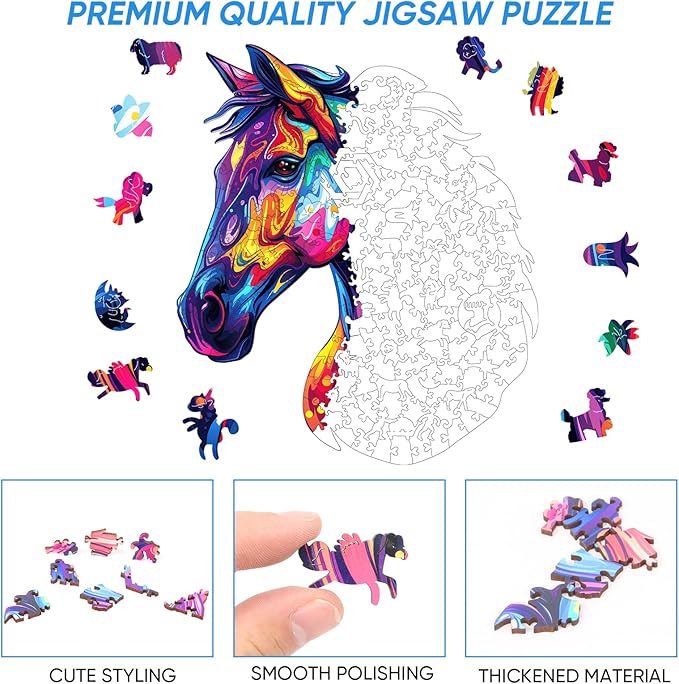 Puzzles for Adults 1000 Piece, Horse Liberty Cool Puzzles Wooden Jigsaw 22 * 25.6 in, Unique Shape Animal Adult, Irregular Wood Best Gift for Adults and Kids Family Game