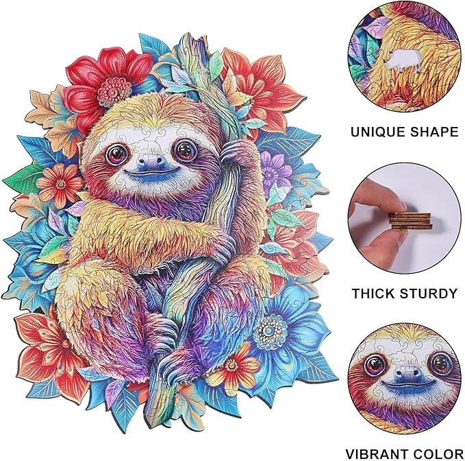 GLOBLELAND 200Pcs Sloth Wooden Jigsaw Puzzles for Adults 11.22x13.9inch Jungle Sloth Wooden Puzzles Colorful Unique Shaped Wood Puzzles for Family Anniversary Birthday Gift