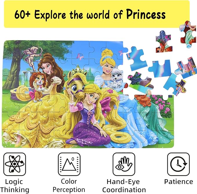 Wooden Princess Puzzles for Kids, 60 Pieces Jigsaw Puzzles in Metal Box, Educational Toys for Ages 3+ (0684, 8 Sets)