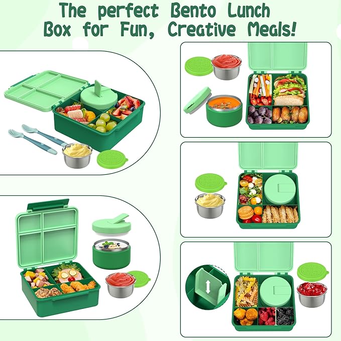Kids Bento Lunch Box with 8oz Soup Thermo, Kids Leakproof Lunch Food Containers with 4 Compartment,Insulated Hot Food Jar with Lunch Bag for School, Travel (Green)