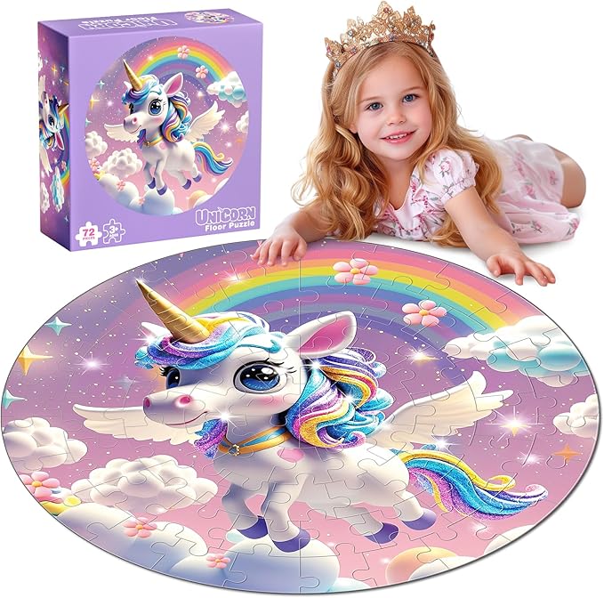 72 Pieces Shimmery Jumbo Unicorn Floor Puzzle for Girls 3-5 4-6 Age Floor Puzzles for Boys and Girls Large Round Floor Jigsaw Puzzles (Unicorn)