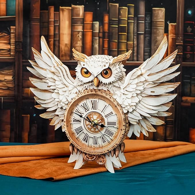 3D Puzzles for Adults Clock-Snowy Owl Design Model Kit-Mechanical DIY Pendulum Clock with Roman Numerals-Desk Home Office Decor Personalized Gift for DIY Lovers