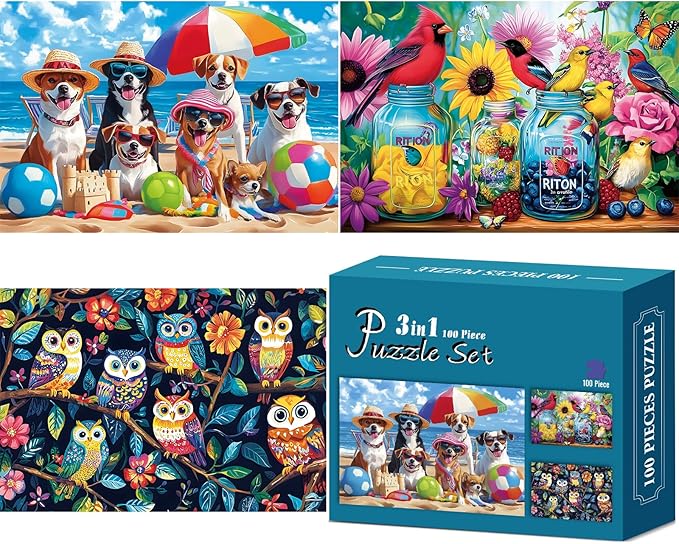 3 Pack 100 Piece Puzzles for Kids, Dog Parrot Bird Jigsaw Puzzle for Kids Age 4-6 6-8 8-10,Large Piece Puzzle,Recycled Paper,Bright & Colorful Educational Puzzle,Great Unique Gift for Boys Girls